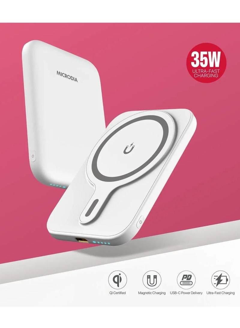 MICRODIA SNAPPower Anchor 5000mAh Wireless Power Bank, 35W PD USB-C Megantic Portable Charger, MagSafe Wireless Charger for iPhone 16/15/14/13/12 Series, Samsung S25 Ultra – White - Image 4